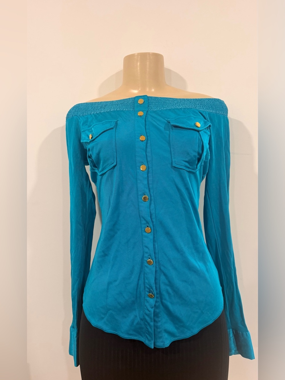 Marciano Teal Off-Shoulder Button-Front Top with Gold Buttons Y2K